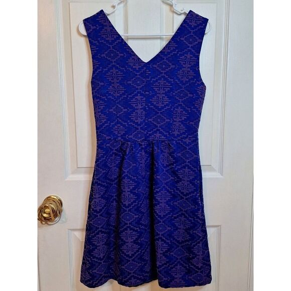 Maeve By Anthropologie Avery Aztec Brocade Blue Purple A Line Mini Dress Size 4 - Picture 2 of 12
